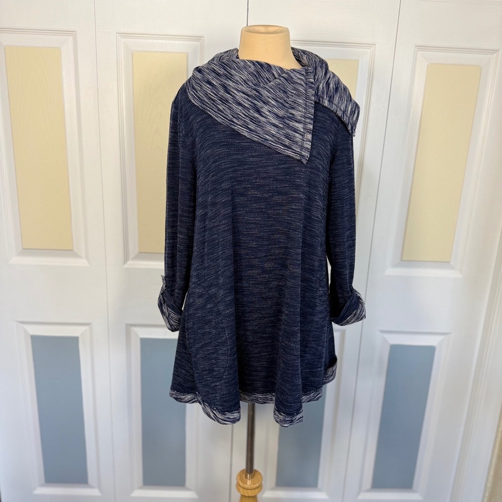 Soft Surroundings Navy Space Dye Asymmetrical Cowl Neck Tunic Top Small 2CN25